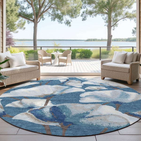 HomeRoots 8' Blue and Ivory Round Area Rug – Washable Botanical Leaves Design for Indoor & Outdoor Spaces 690701
