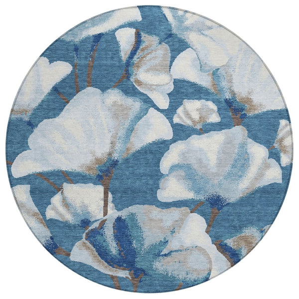 HomeRoots 8' Blue and Ivory Round Area Rug – Washable Botanical Leaves Design for Indoor & Outdoor Spaces 690701