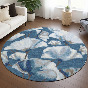 HomeRoots 8' Blue and Ivory Round Area Rug – Washable Botanical Leaves Design for Indoor & Outdoor Spaces 690701
