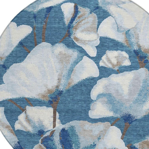 HomeRoots 8' Blue and Ivory Round Area Rug – Washable Botanical Leaves Design for Indoor & Outdoor Spaces 690701