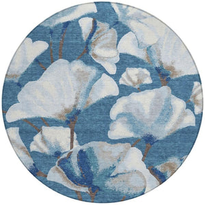HomeRoots 8' Blue and Ivory Round Area Rug – Washable Botanical Leaves Design for Indoor & Outdoor Spaces 690701