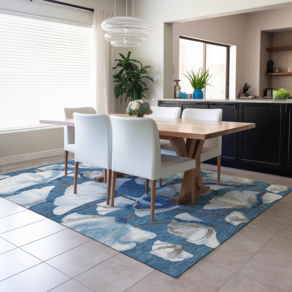 HomeRoots 10' Blue and Ivory Botanical Leaves Area Rug – Stylish, Washable, Durable for Indoor & Outdoor Spaces 690704