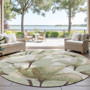 HomeRoots 8' Washable Lime Green and Beige Round Botanical Leaves Rug for Indoor & Outdoor Spaces Decor 690707