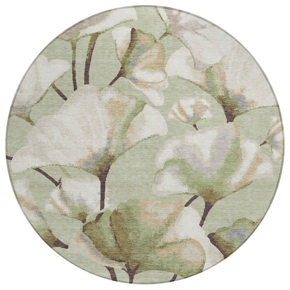 HomeRoots 8' Washable Lime Green and Beige Round Botanical Leaves Rug for Indoor & Outdoor Spaces Decor 690707