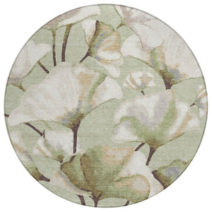 HomeRoots 8' Washable Lime Green and Beige Round Botanical Leaves Rug for Indoor & Outdoor Spaces Decor 690707