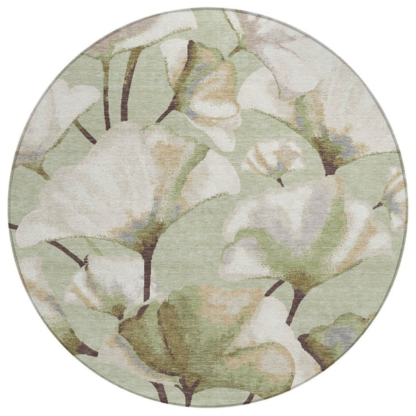 HomeRoots 8' Washable Lime Green and Beige Round Botanical Leaves Rug for Indoor & Outdoor Spaces Decor 690707