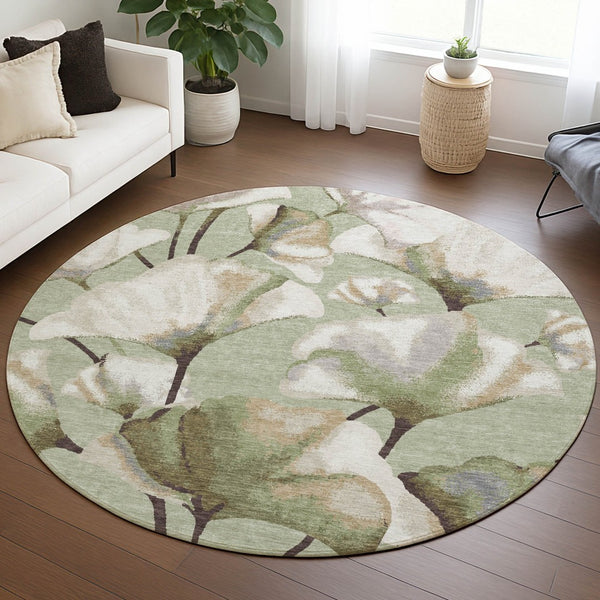 HomeRoots 8' Washable Lime Green and Beige Round Botanical Leaves Rug for Indoor & Outdoor Spaces Decor 690707