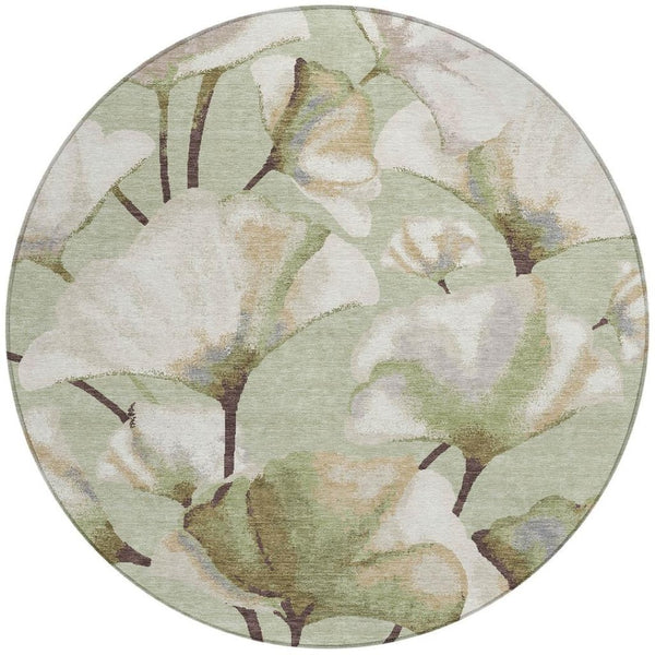 HomeRoots 8' Washable Lime Green and Beige Round Botanical Leaves Rug for Indoor & Outdoor Spaces Decor 690707