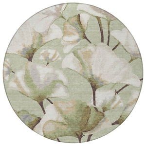HomeRoots 8' Washable Lime Green and Beige Round Botanical Leaves Rug for Indoor & Outdoor Spaces Decor 690707