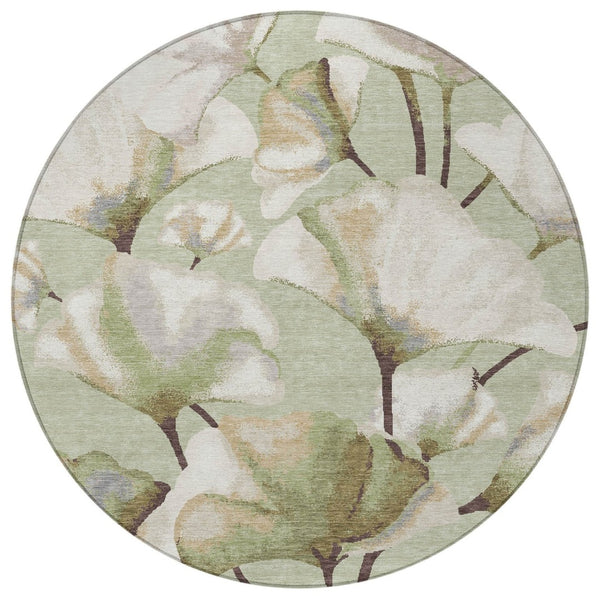 HomeRoots 8' Washable Lime Green and Beige Round Botanical Leaves Rug for Indoor & Outdoor Spaces Decor 690707