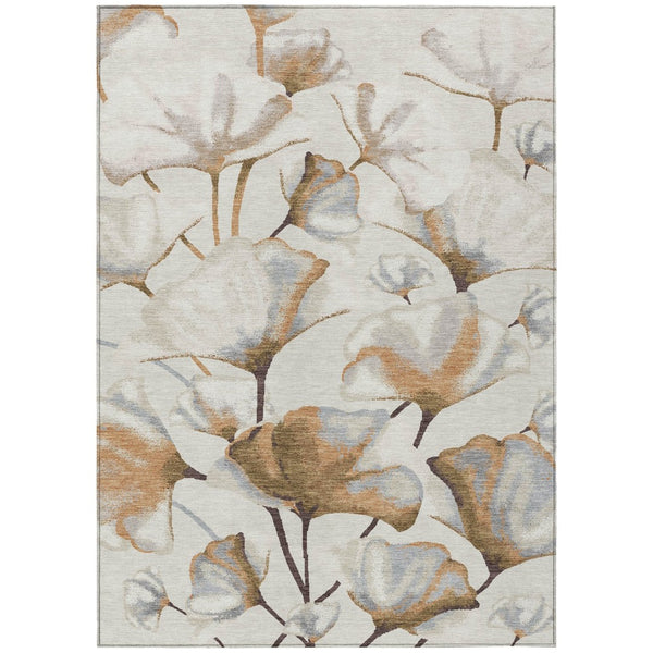 HomeRoots 5' Copper Ivory Beige Botanical Leaves Area Rug - Washable Indoor Outdoor Design for Versatile Spaces 690712
