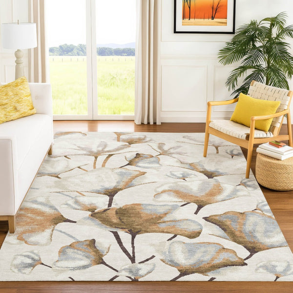 HomeRoots 5' Copper Ivory Beige Botanical Leaves Area Rug - Washable Indoor Outdoor Design for Versatile Spaces 690712