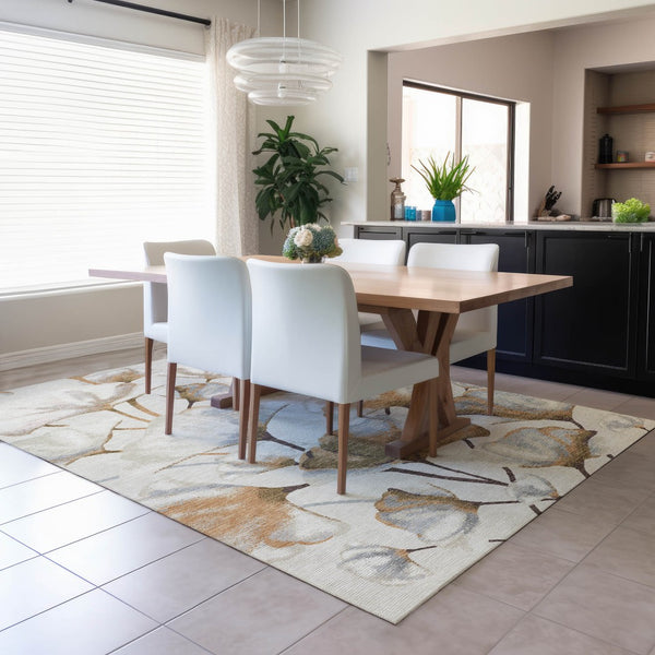 HomeRoots 5' Copper Ivory Beige Botanical Leaves Area Rug - Washable Indoor Outdoor Design for Versatile Spaces 690712