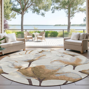 HomeRoots 8' Round Washable Area Rug with Botanical Leaves in Copper, Ivory & Beige - Durable & Stylish Design 690713