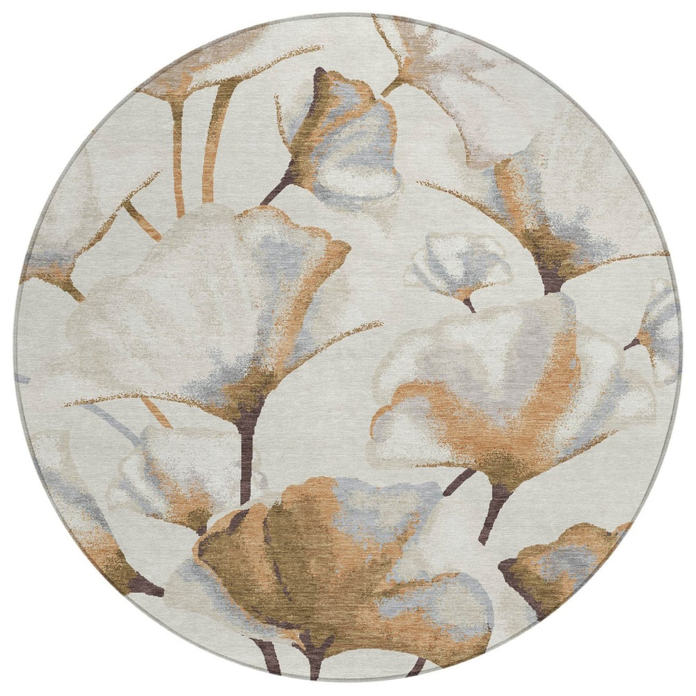 HomeRoots 8' Round Washable Area Rug with Botanical Leaves in Copper, Ivory & Beige - Durable & Stylish Design 690713