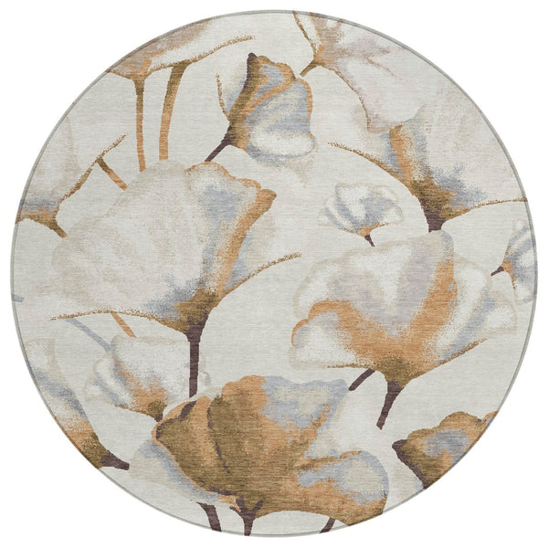 HomeRoots 8' Round Washable Area Rug with Botanical Leaves in Copper, Ivory & Beige - Durable & Stylish Design 690713