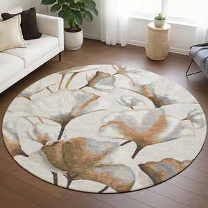 HomeRoots 8' Round Washable Area Rug with Botanical Leaves in Copper, Ivory & Beige - Durable & Stylish Design 690713