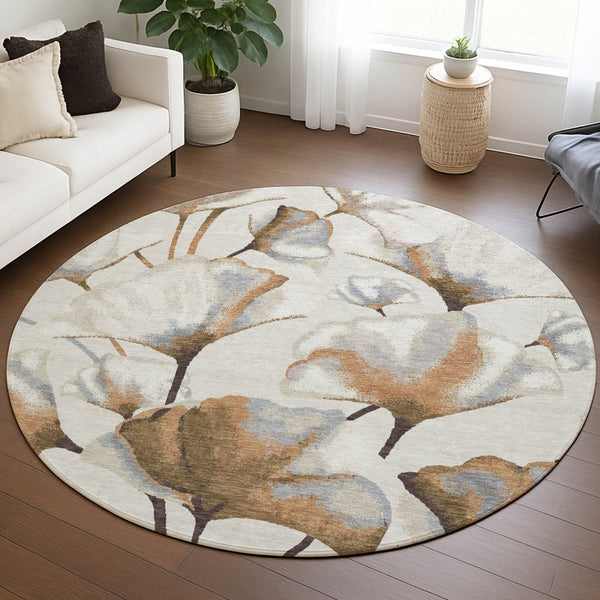 HomeRoots 8' Round Washable Area Rug with Botanical Leaves in Copper, Ivory & Beige - Durable & Stylish Design 690713