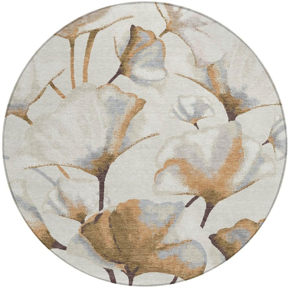 HomeRoots 8' Round Washable Area Rug with Botanical Leaves in Copper, Ivory & Beige - Durable & Stylish Design 690713