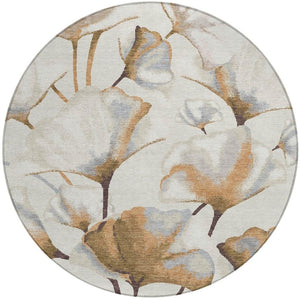 HomeRoots 8' Round Washable Area Rug with Botanical Leaves in Copper, Ivory & Beige - Durable & Stylish Design 690713