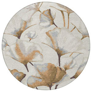 HomeRoots 8' Round Washable Area Rug with Botanical Leaves in Copper, Ivory & Beige - Durable & Stylish Design 690713