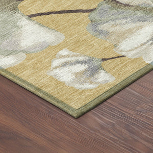 HomeRoots 5' Botanical Leaves Area Rug in Gold, Ivory & Beige - Washable Indoor/Outdoor, Durable, Stylish Decor 690718