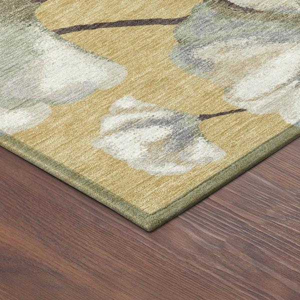 HomeRoots 5' Botanical Leaves Area Rug in Gold, Ivory & Beige - Washable Indoor/Outdoor, Durable, Stylish Decor 690718