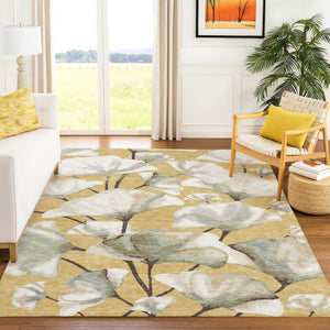 HomeRoots 5' Botanical Leaves Area Rug in Gold, Ivory & Beige - Washable Indoor/Outdoor, Durable, Stylish Decor 690718
