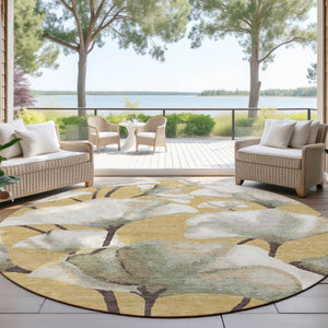 HomeRoots 8' Gold Ivory and Beige Round Botanical Leaves Area Rug - Washable, Durable for Indoor/Outdoor Use 690719