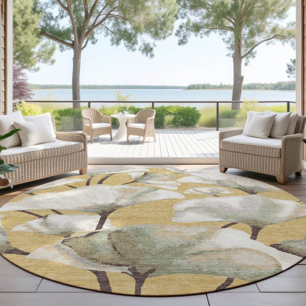 HomeRoots 8' Gold Ivory and Beige Round Botanical Leaves Area Rug - Washable, Durable for Indoor/Outdoor Use 690719