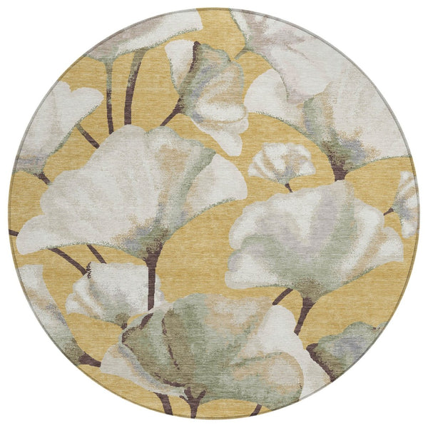 HomeRoots 8' Gold Ivory and Beige Round Botanical Leaves Area Rug - Washable, Durable for Indoor/Outdoor Use 690719