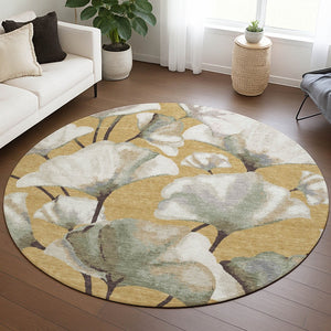 HomeRoots 8' Gold Ivory and Beige Round Botanical Leaves Area Rug - Washable, Durable for Indoor/Outdoor Use 690719