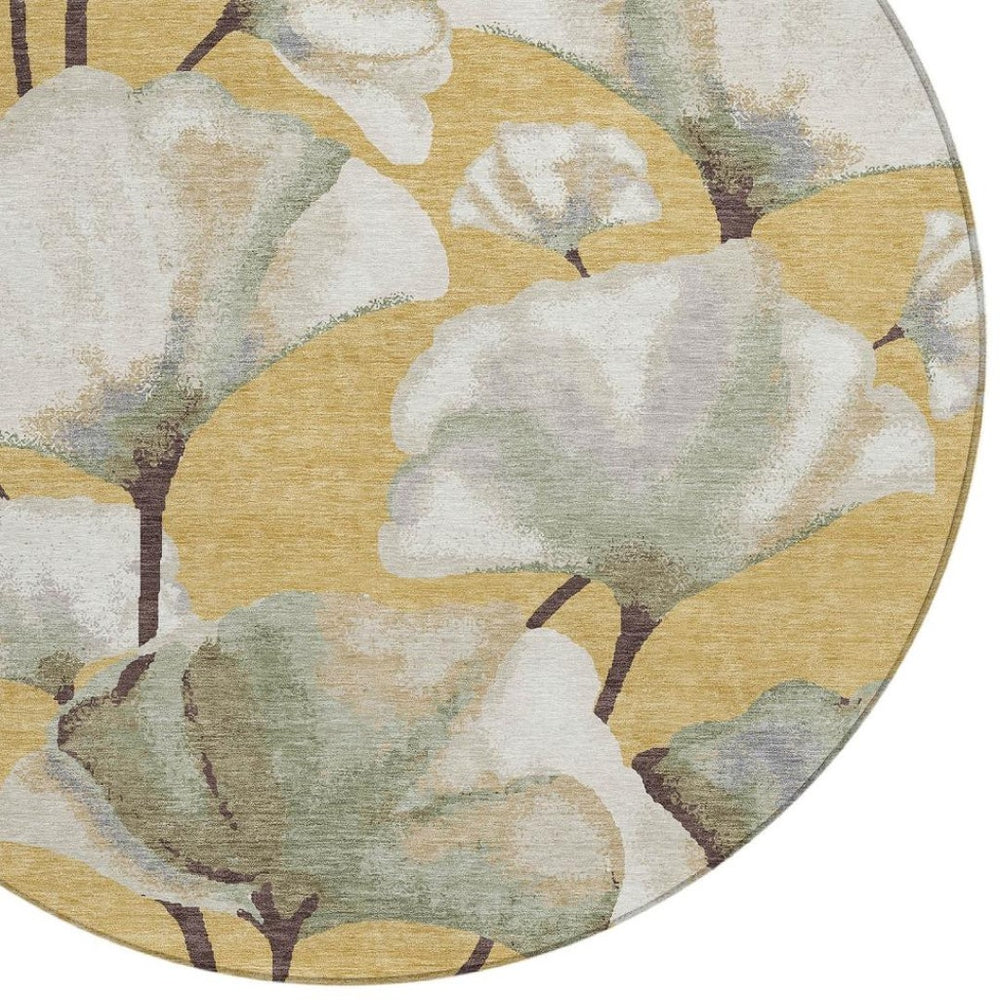 HomeRoots 8' Gold Ivory and Beige Round Botanical Leaves Area Rug - Washable, Durable for Indoor/Outdoor Use 690719