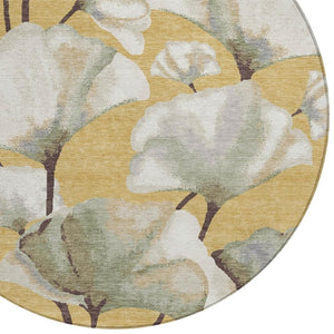 HomeRoots 8' Gold Ivory and Beige Round Botanical Leaves Area Rug - Washable, Durable for Indoor/Outdoor Use 690719