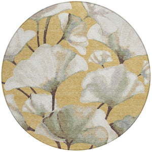 HomeRoots 8' Gold Ivory and Beige Round Botanical Leaves Area Rug - Washable, Durable for Indoor/Outdoor Use 690719