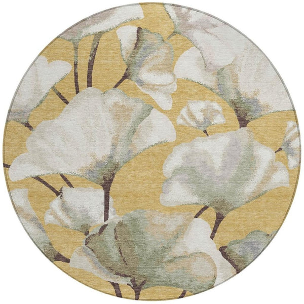 HomeRoots 8' Gold Ivory and Beige Round Botanical Leaves Area Rug - Washable, Durable for Indoor/Outdoor Use 690719