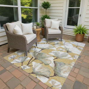 HomeRoots 10' Washable Botanical Leaves Area Rug in Gold, Ivory & Beige – Durable Indoor/Outdoor Style! 690722