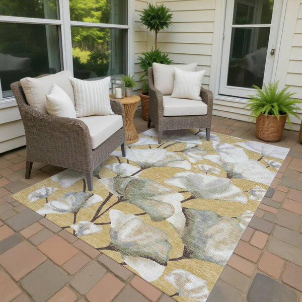 HomeRoots 10' Washable Botanical Leaves Area Rug in Gold, Ivory & Beige – Durable Indoor/Outdoor Style! 690722