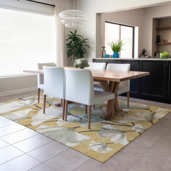 HomeRoots 10' Washable Botanical Leaves Area Rug in Gold, Ivory & Beige – Durable Indoor/Outdoor Style! 690722