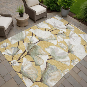 HomeRoots 10' Washable Botanical Leaves Area Rug in Gold, Ivory & Beige – Durable Indoor/Outdoor Style! 690722
