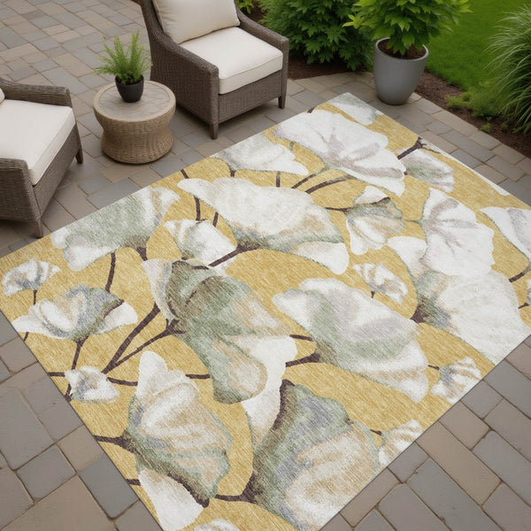 HomeRoots 10' Washable Botanical Leaves Area Rug in Gold, Ivory & Beige – Durable Indoor/Outdoor Style! 690722