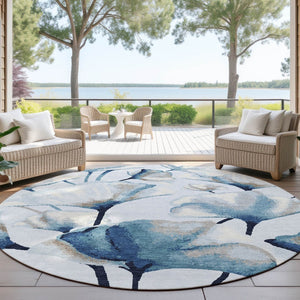 HomeRoots 8' Stylish Sky Blue Botanical Leaves Round Area Rug – Durable, Washable for Indoor & Outdoor Use! 690725