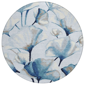 HomeRoots 8' Stylish Sky Blue Botanical Leaves Round Area Rug – Durable, Washable for Indoor & Outdoor Use! 690725