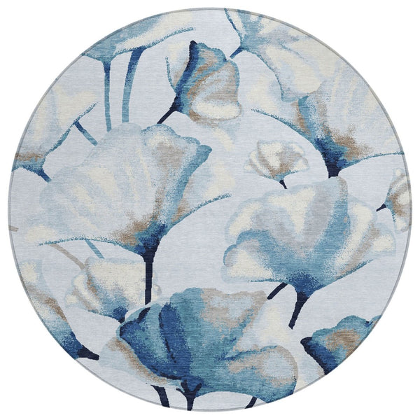 HomeRoots 8' Stylish Sky Blue Botanical Leaves Round Area Rug – Durable, Washable for Indoor & Outdoor Use! 690725