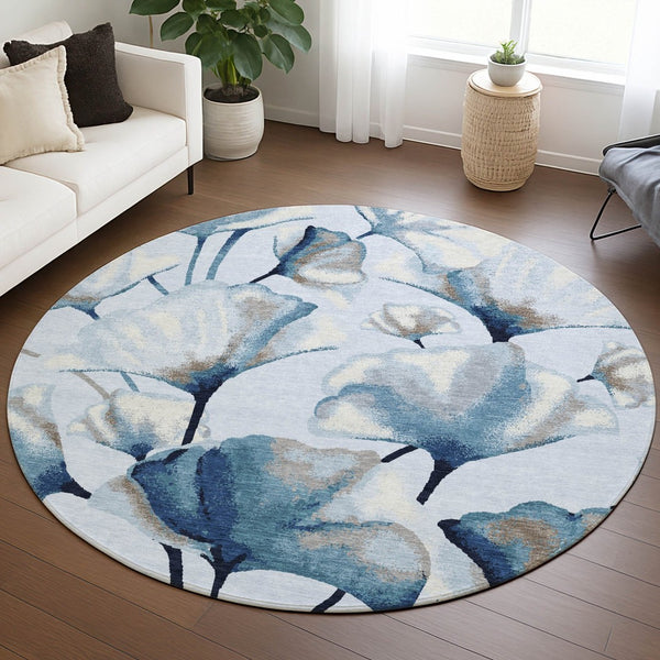 HomeRoots 8' Stylish Sky Blue Botanical Leaves Round Area Rug – Durable, Washable for Indoor & Outdoor Use! 690725