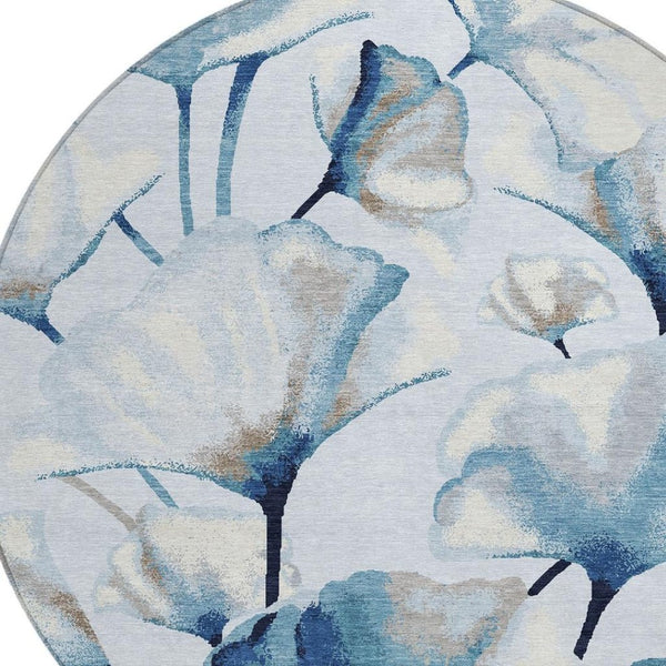 HomeRoots 8' Stylish Sky Blue Botanical Leaves Round Area Rug – Durable, Washable for Indoor & Outdoor Use! 690725