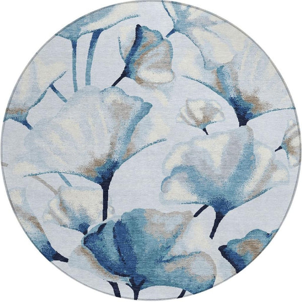 HomeRoots 8' Stylish Sky Blue Botanical Leaves Round Area Rug – Durable, Washable for Indoor & Outdoor Use! 690725