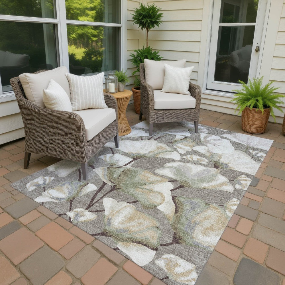 HomeRoots 5' X 8' Washable Botanical Leaves Area Rug - Durable, Stylish Taupe Ivory Beige Design for Indoors & Outdoors 690730