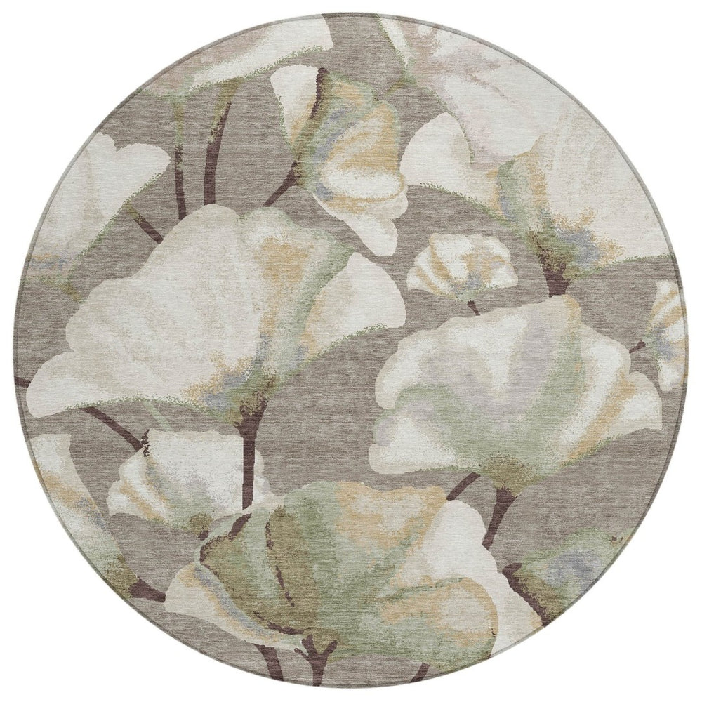 HomeRoots 8' Botanical Leaves Area Rug – Washable Indoor/Outdoor Soft Taupe, Ivory & Beige for Versatile Spaces 690731