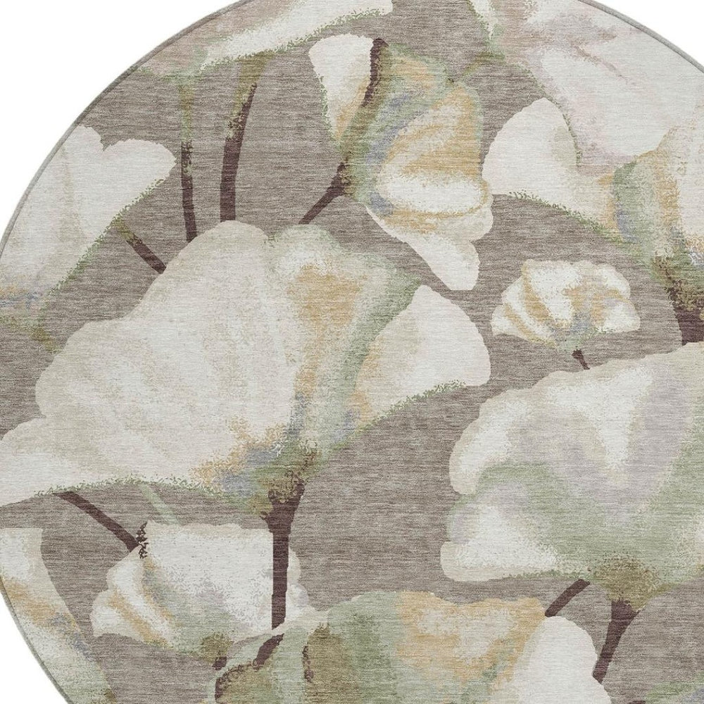 HomeRoots 8' Botanical Leaves Area Rug – Washable Indoor/Outdoor Soft Taupe, Ivory & Beige for Versatile Spaces 690731